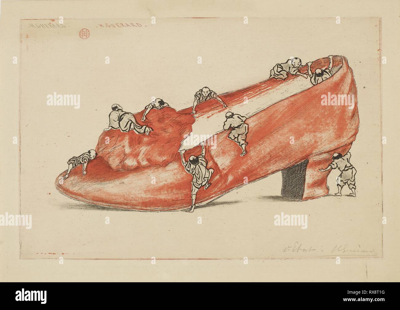 Der Angriff des Schuhs. Charles Henri Guérard; Französisch, 1846-1897. Datum: 1888. Abmessungen: 167 × 252 mm (Bild/Platte); 199 × 281 mm (Blatt). Radierung, mit offenen Biss, in Rot und Schwarz auf Creme Bütten. Herkunft: Frankreich. Museum: Das Chicago Art Institute. Stockfoto