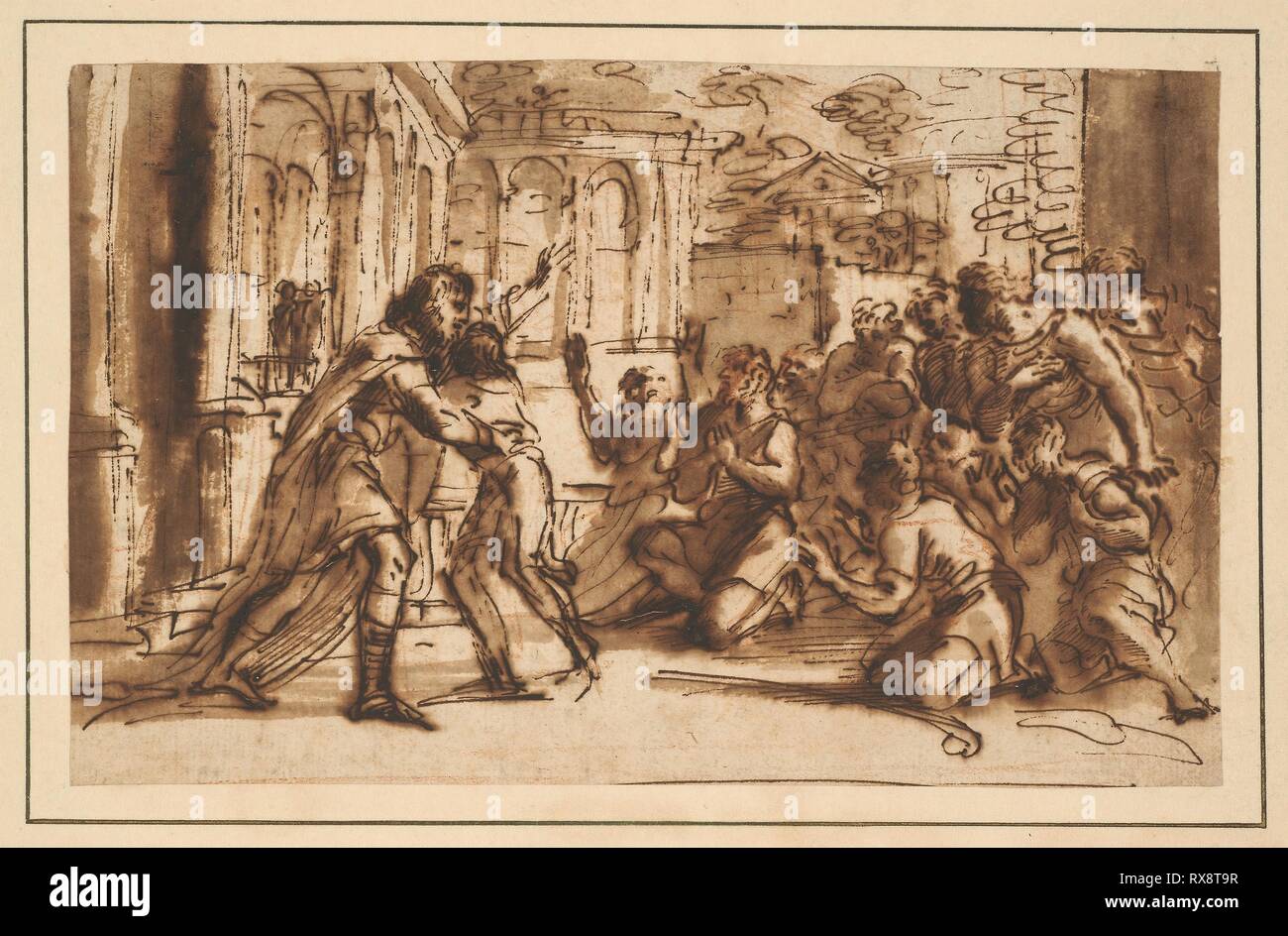 Gruß Joseph seine Brüder. Pier Francesco Mola; Italienisch, 1612-1666. Datum: 1632-1666. Abmessungen: 141 x 225 mm. Feder und Tinte, braun mit Pinsel und Braun waschen, über Rote Kreide, Auf festem Bütten, legte sich auf Creme webte Karte. Herkunft: Italien. Museum: Das Chicago Art Institute. Stockfoto