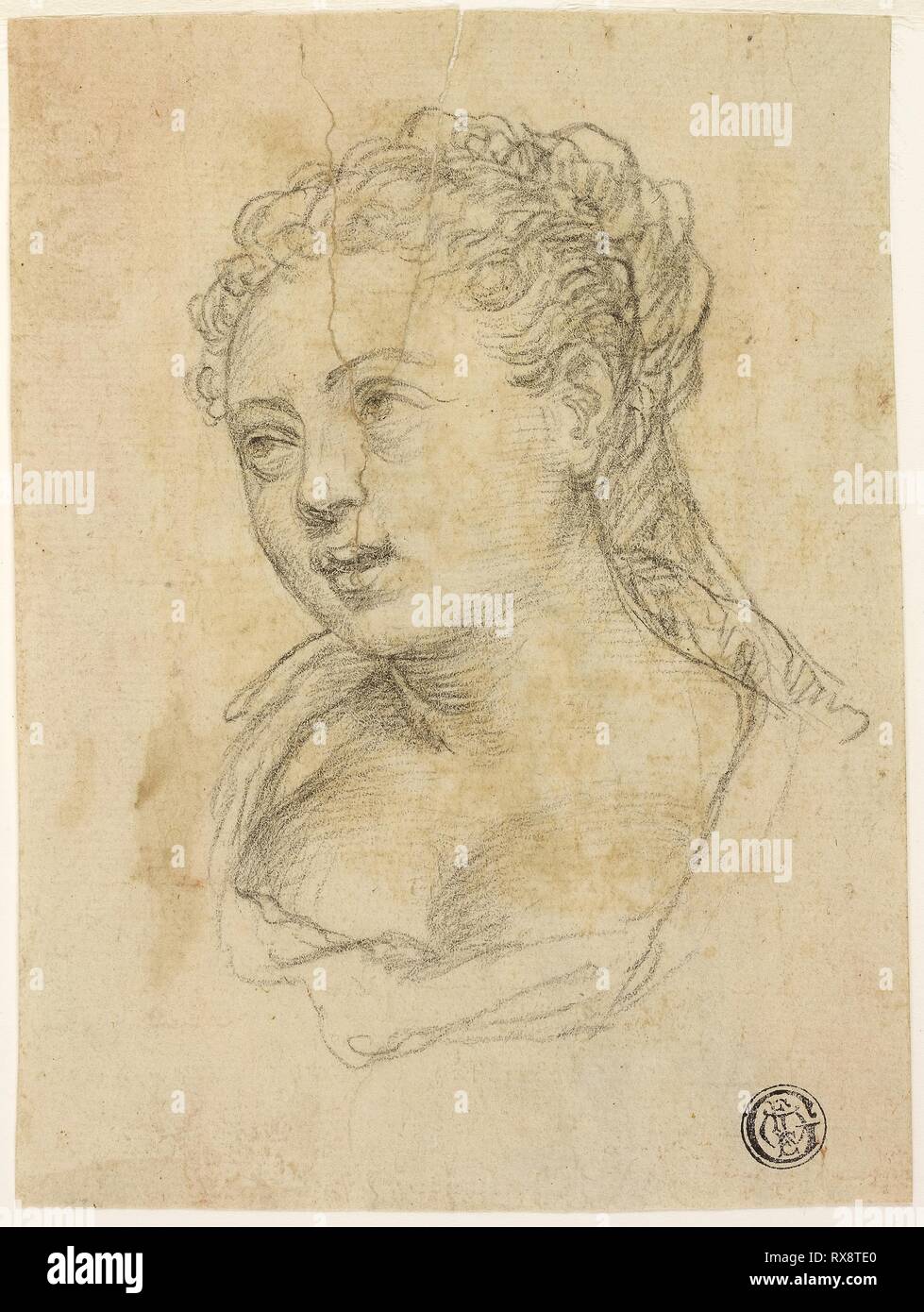 Woman's Kopf (recto); Skizze von Arm und Hand (verso). Nachfolger von Paolo Veronese; Italienisch, 1528-1588. Datum: 1590-1596. Abmessungen: 144 x 108 mm. Schwarze Kreide (Recto und verso) auf Creme Bütten, teilweise auf Elfenbein Bütten gelegt. Herkunft: Italien. Museum: Das Chicago Art Institute. Stockfoto