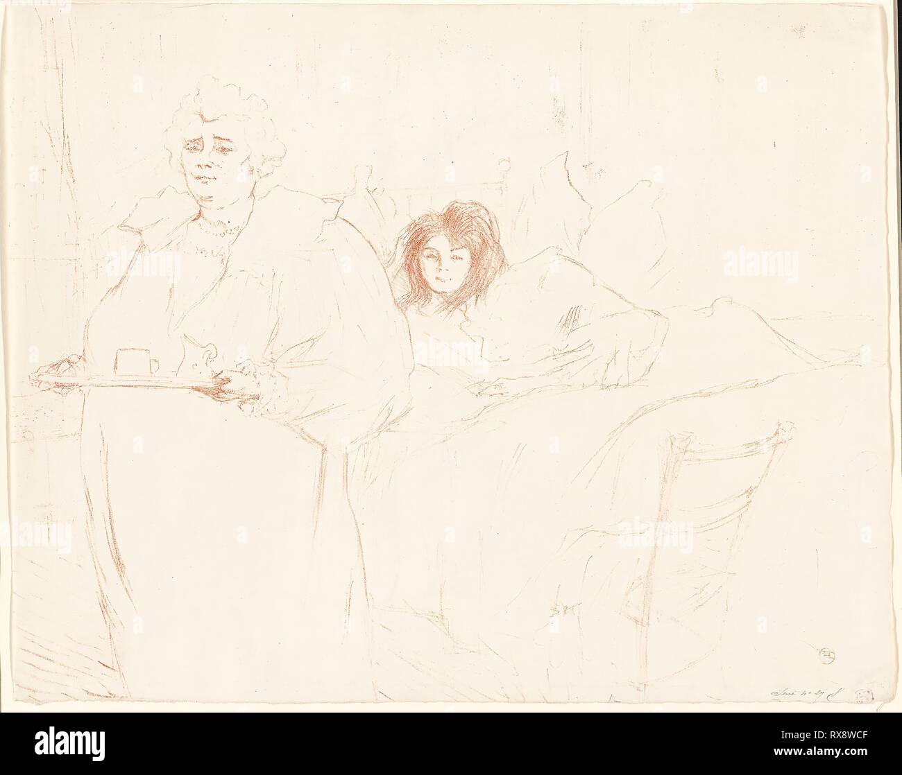 Frau mit einem Fach -- Frühstück (Madame Baron und Mademoiselle Popo), Platte zwei von Elles. Henri de Toulouse-Lautrec (Französisch, 1864-1901); veröffentlicht von Gustave Pellet (Französisch, 1859-1919); vermutlich Gedruckt von Auguste Clot (Französisch, 1858-1936). Datum: 1896. Abmessungen: 397 × 504 mm (Bild); 402 × 507 mm (Blatt). Farblithographie auf Elfenbein webte Papier. Herkunft: Frankreich. Museum: Das Chicago Art Institute. Stockfoto