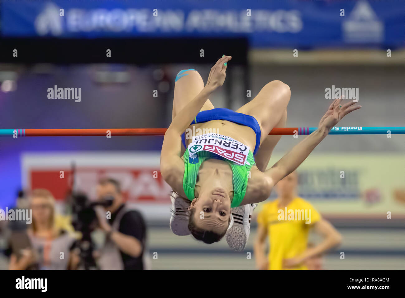 Glasgow, Schottland, Großbritannien. 3. März, 2019. Sloweniens Maruša Černjul konkurriert im Hochsprung der Frauen, während Tag 3 der Glasgow 2019 Europäischen A Stockfoto