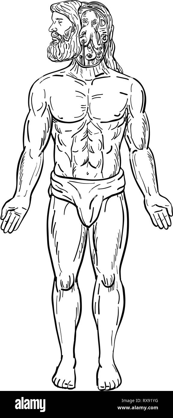 Zeichnung Skizze stil Abbildung eines männlichen bärtigen Menschen mit einer Fremden - wie Kraken in seinem Kopf, seinen Körper zu manipulieren in angesehen Verkleidung f Stock Vektor