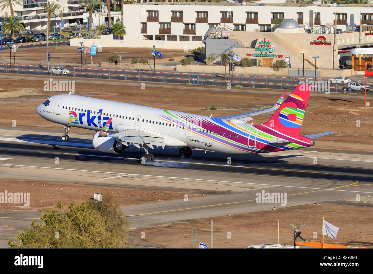 Eilat, Israel - 24. Februar 2019: Arkia Airbus A 321-251 NX Neo an der alten Eilat International Airport. Stockfoto