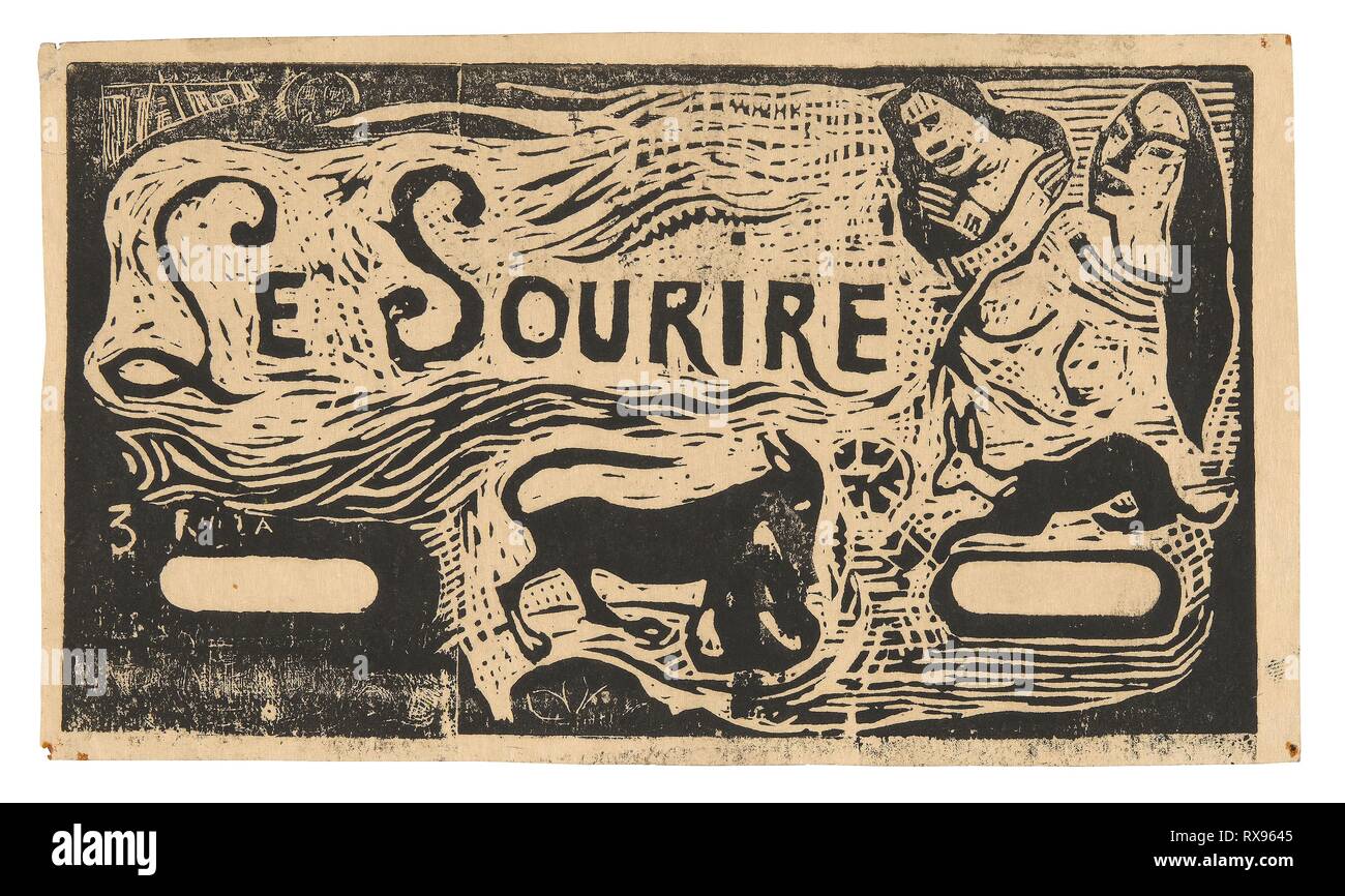Fox, Büsten von zwei Frauen und einem Kaninchen, Oberteil für Le Sourire. Paul Gauguin; Französisch, 1848-1903. Datum: 1899-1900. Abmessungen: 105 x 185 mm (Bild, recto); 110 × 185 mm (Bild, verso); 115 × 196 mm (Blatt). Holz-block Drucken in schwarzer Tinte auf Creme japanisches Papier (recto); Holz - Block schwarz drucken Tinte über Blau und Grün Bleistift auf Creme japanisches Papier (verso) ck auf Creme webte Papier. Herkunft: Frankreich. Museum: Das Chicago Art Institute. Stockfoto