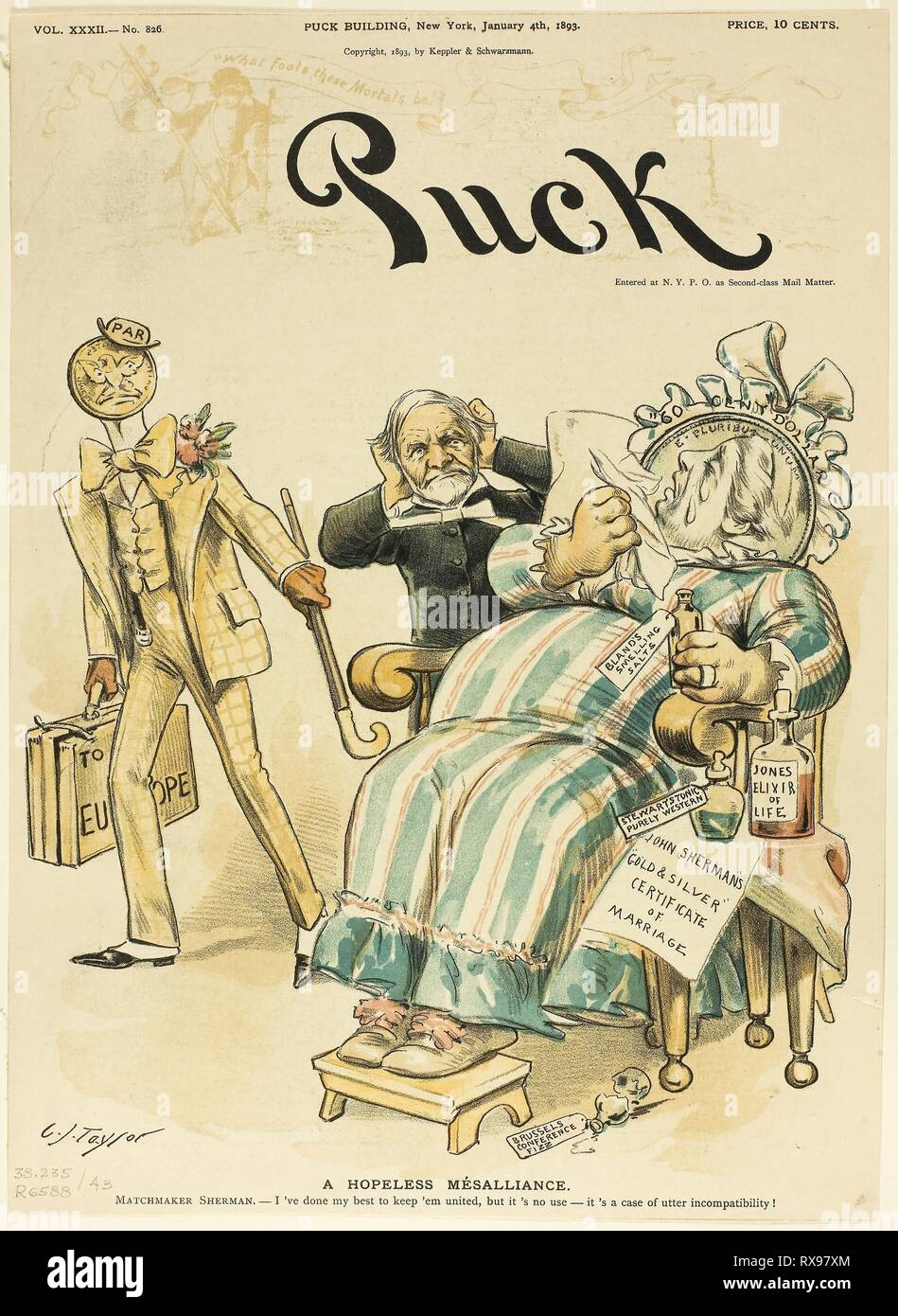 Eine hoffnungslose Mésalliance, von Puck. C. Jay Taylor; American, 1855-1929. Datum: 1893. Abmessungen: 310 x 225 mm. Farblithographie auf Zeitungspapier. Herkunft: USA. Museum: Das Chicago Art Institute. Thema: C.Jay Taylor. Charles Taylor. Stockfoto