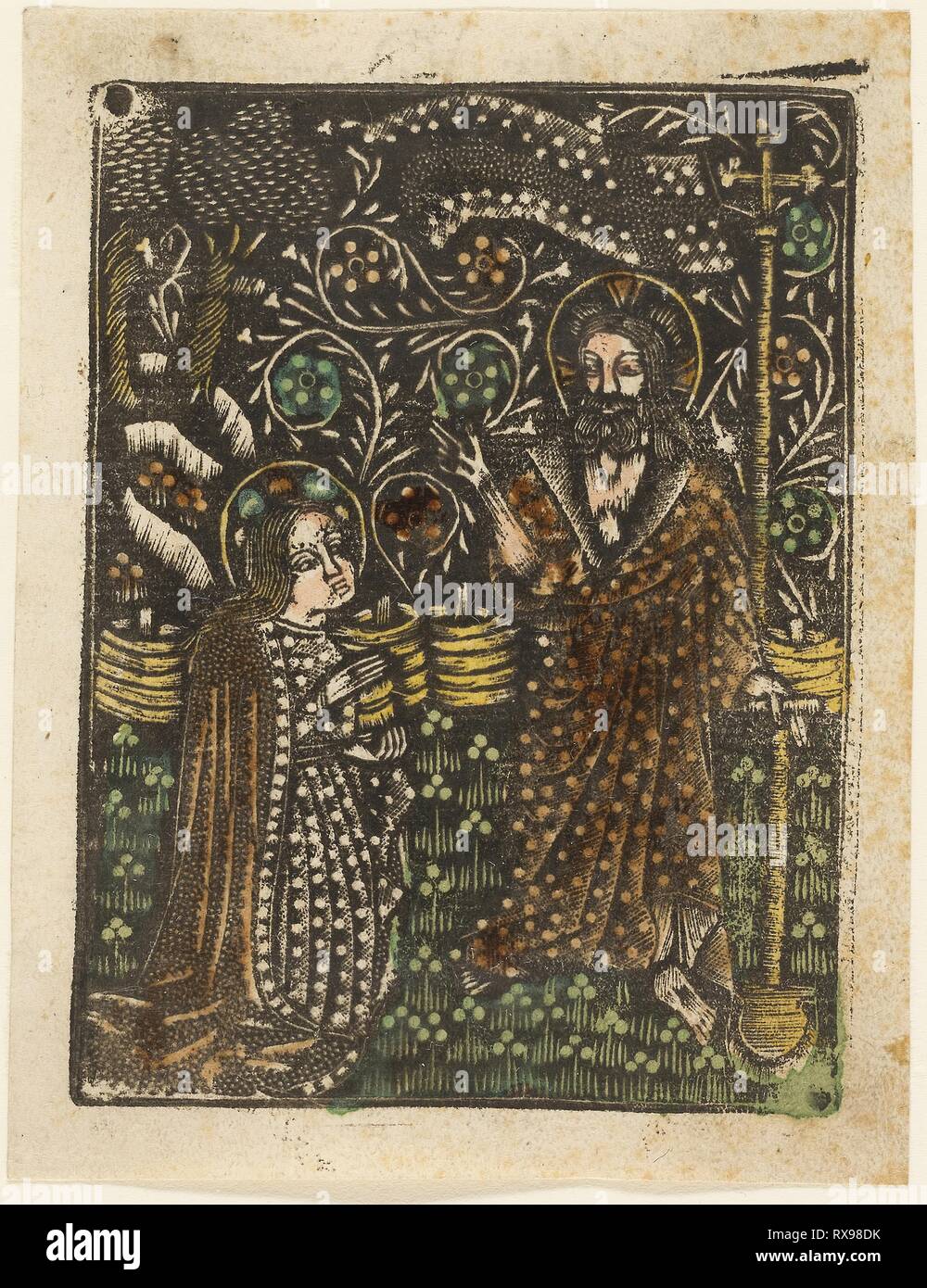 Noli Me Tangere. Künstler unbekannt; Bayerische, aus dem 15. Jahrhundert. Datum: 1460-1465. Abmessungen: 100 x 75 mm (Platte); 105 × 80 mm (Blatt). Metalcut in schwarze Hand gefärbt mit Pinsel und Aquarell in gelb, rot-braunen See und Grün, auf Elfenbein Bütten, mit Manuskript Text in Stift und brauner Tinte auf der Rückseite. Herkunft: Deutschland. Museum: Das Chicago Art Institute. Stockfoto