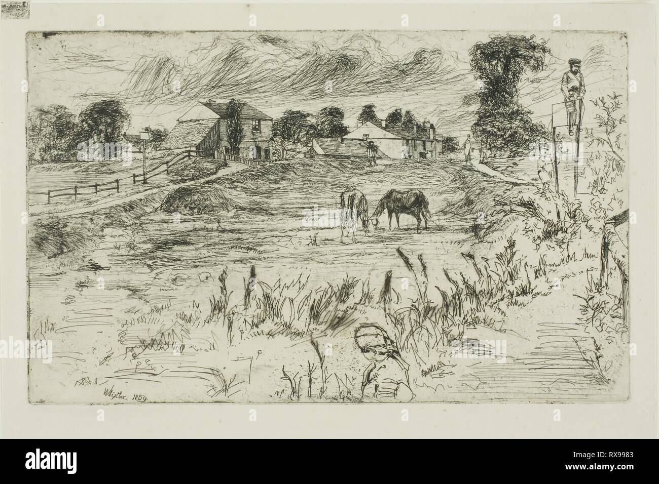 Landschaft mit Pferden. James McNeill Whistler; American, 1834-1903. Datum: 1859. Abmessungen: 125 x 202 mm (Platte); 151 x 221 mm (Blatt). Ätzen und kaltnadelradierung mit Foul beißen in schwarzer Tinte auf Elfenbein Bütten. Herkunft: USA. Museum: Das Chicago Art Institute. Stockfoto