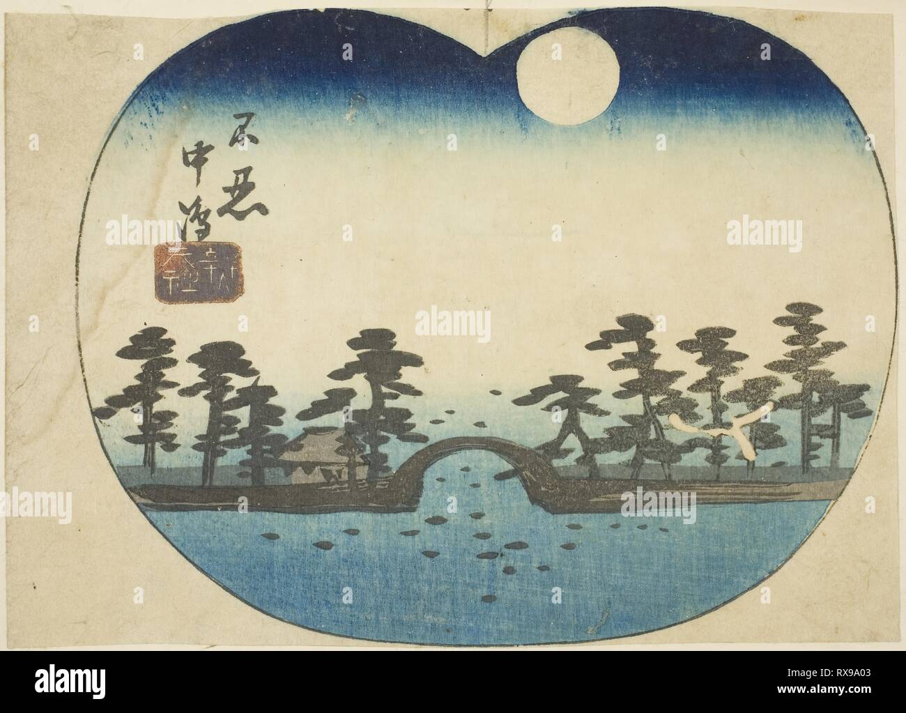 Die benten Glänzen auf die innere Insel Shinobazu Teich (shinobazu Nakajima Bentensha), Abschnitt eines Blatts aus der Serie 'Ausschnitte des berühmten Orte in Edo (Harimaze Koto Meisho)". Utagawa Hiroshige?? ??; Japanisch, 1797-1858. Datum: 1852. Abmessungen: 10,9 x 14,1 cm (4 1/4 x 5 1/2 in.). Farbe holzschnitt; Abschnitt von harimaze Blatt. Herkunft: Japan. Museum: Das Chicago Art Institute. Stockfoto