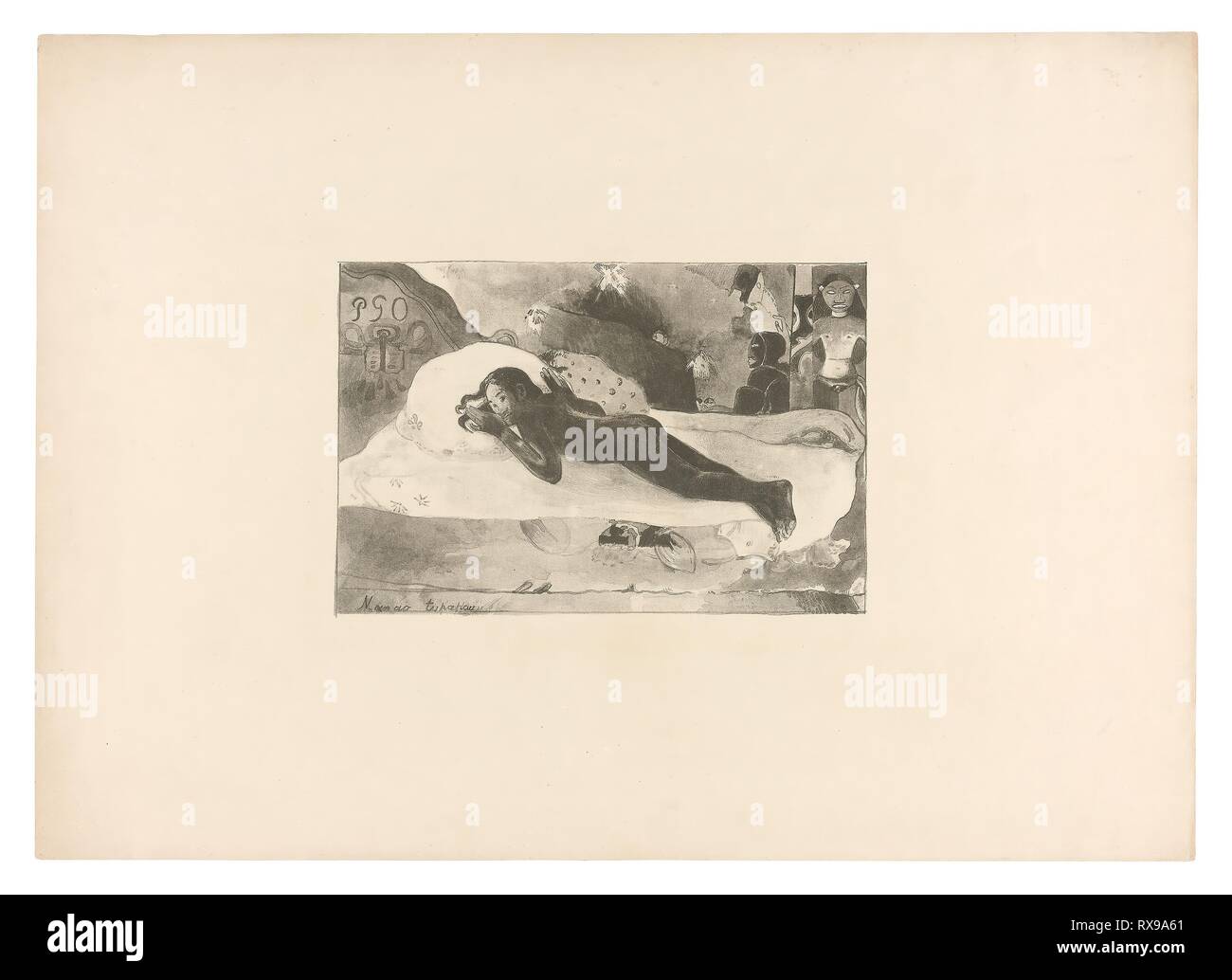 Manao tupapau (Sie denkt, dass der Geist oder der Geist denkt an Ihr), von L'Estampe Originale. Paul Gauguin; Französisch, 1848-1903. Datum: 1893-1894. Abmessungen: 180 × 271 mm (Bild); 423 × 594 mm (Blatt). Lithographie in Schwarz auf Elfenbein webte Papier. Herkunft: Frankreich. Museum: Das Chicago Art Institute. Stockfoto