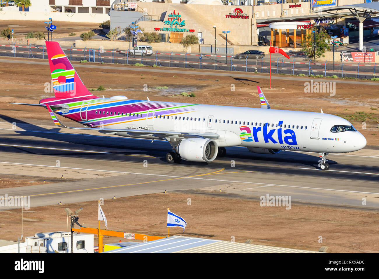 Eilat, Israel - 24. Februar 2019: Arkia Airbus A 321-251 NX Neo an der alten Eilat International Airport. Stockfoto