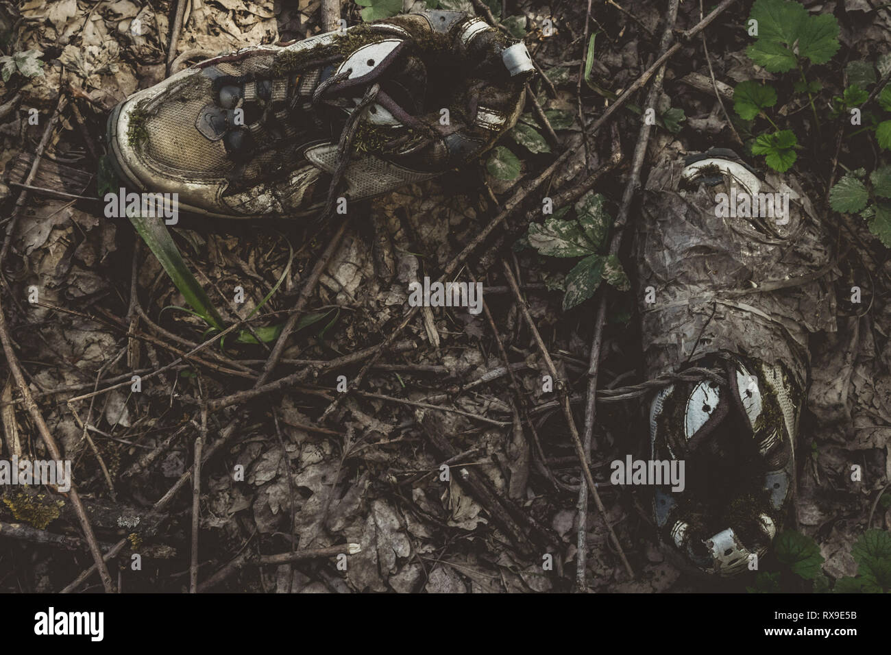 Hohe Betrachtungswinkel und der schmutzigen Schuhe auf dem Feld im Wald Stockfoto