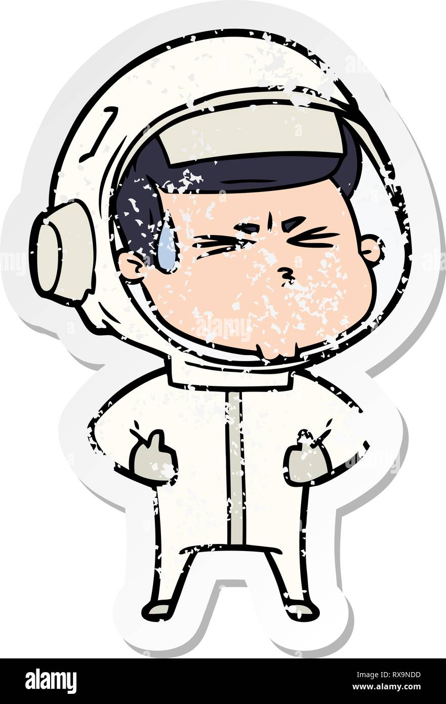 Distressed Aufkleber einer Cartoon betonte Astronaut Stock Vektor