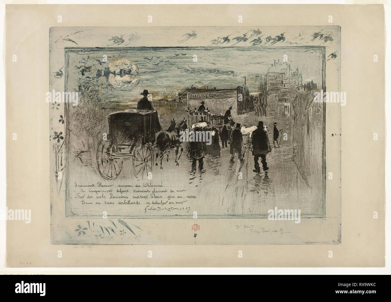 Trauerzug auf dem Boulevard Clichy. Félix Hilaire Buhot; Französisch, 1847-1898. Datum: 1887. Abmessungen: 300 x 402 mm (Bild/Platte); 363 × 523 mm (Blatt). Der weiche Boden Radierung und Aquatinta und Kaltnadel und Platte Ton, inked à la Poupée in Blau und Schwarz, mit Ergänzungen von Gold Metallic Lackierung, auf Tan webte Papier. Herkunft: Frankreich. Museum: Das Chicago Art Institute. Stockfoto