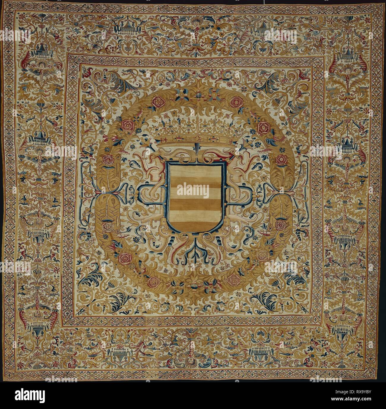 Große Hängen mit Krone und Wappenschild. Peru, südlichen Anden. Datum: 1680-1720. Abmessungen: 347.55 x 352.43 cm (136 cm x 138 cm). Baumwolle und Wolle (vermutlich camelid Haar), einfache Verriegelung Gobelin-webart mit exzentrischen Tressen. Herkunft: Peru. Museum: Das Chicago Art Institute. Stockfoto