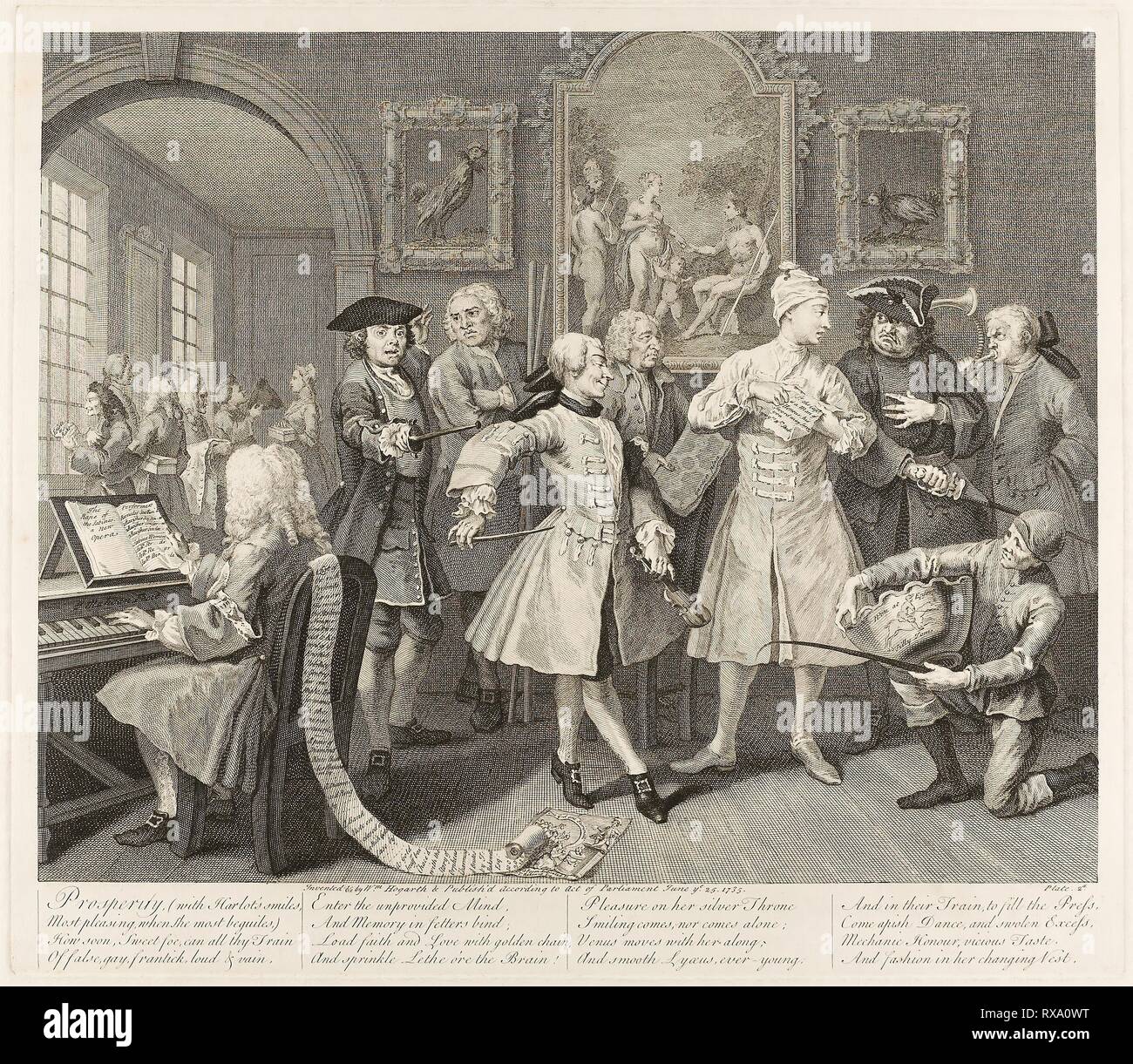 Platte zwei, von einem Rake's Progress. William Hogarth; Englisch, 1697-1764. Datum: 1735. Abmessungen: 312 × 388 mm (Bild); 352 × 410 mm (Platte); 493 × 605 mm (Blatt). Ätzen und Gravieren in Schwarz auf Elfenbein Bütten. Herkunft: England. Museum: Das Chicago Art Institute. Stockfoto