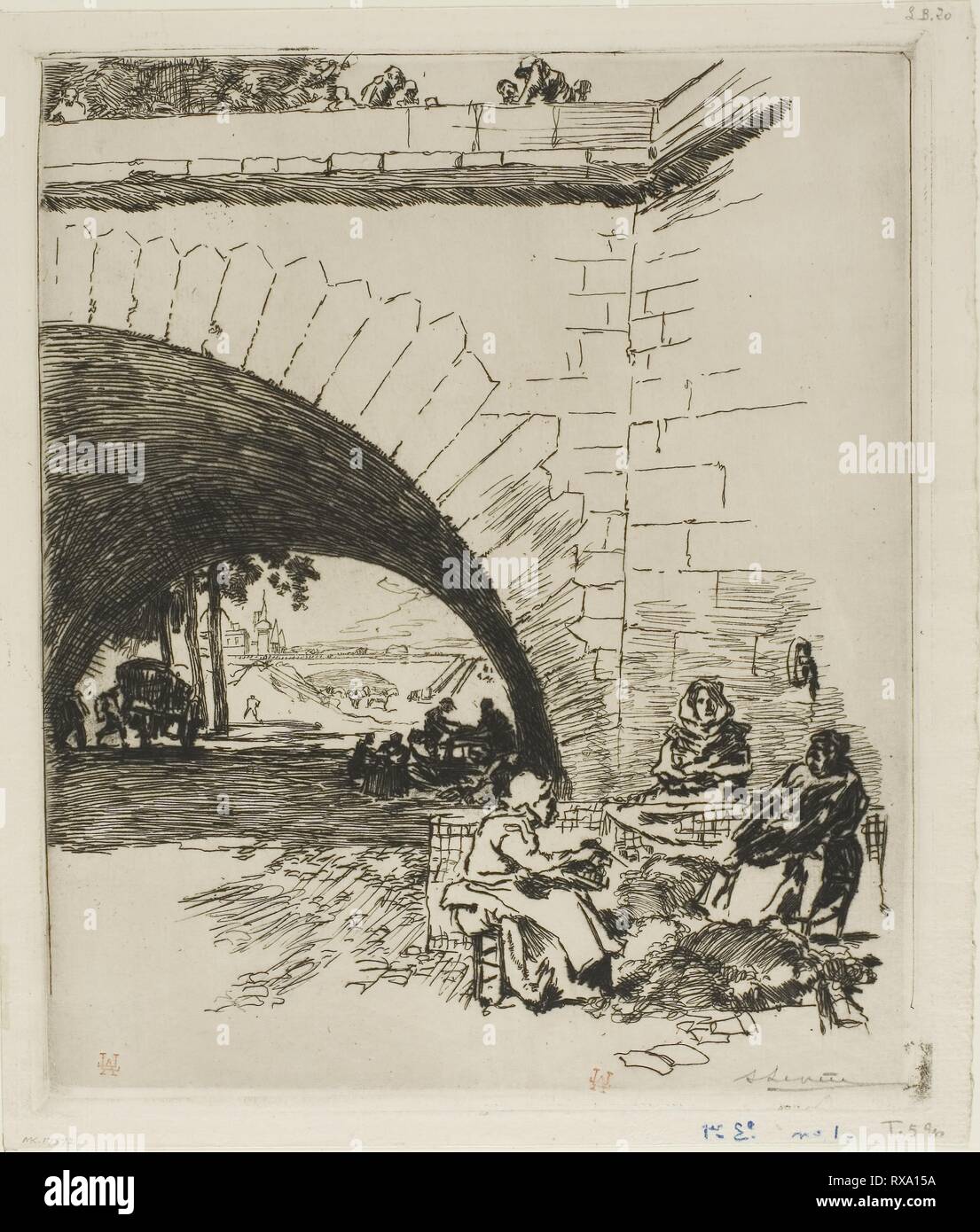 Woolcarders in Pont Marie. Louis Auguste Lepère; Französisch, 1849-1918. Datum: 1891. Abmessungen: 226 × 192 mm (Bild); 233 × 197 mm (Platte); 246 × 212 mm (Blatt). Radierung mit Kaltnadel auf Creme Bütten. Herkunft: Frankreich. Museum: Das Chicago Art Institute. Stockfoto