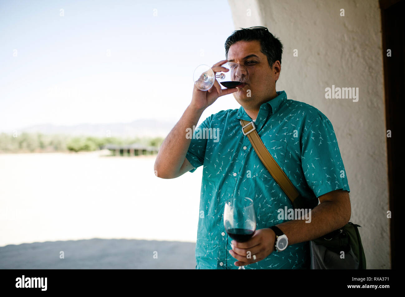 Reifer Mann trinken Rotwein beim Stehen in der Flur während der sonnigen Tag Stockfoto