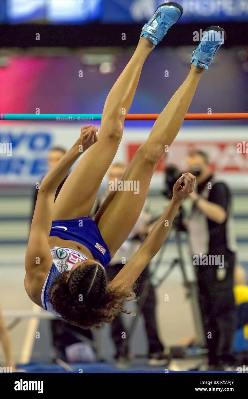 Glasgow, Schottland, Großbritannien. 3. März, 2019. Großbritanniens Morgan See konkurriert im Hochsprung der Frauen, während Tag 3 der Glasgow 2019 Europäischen Stockfoto