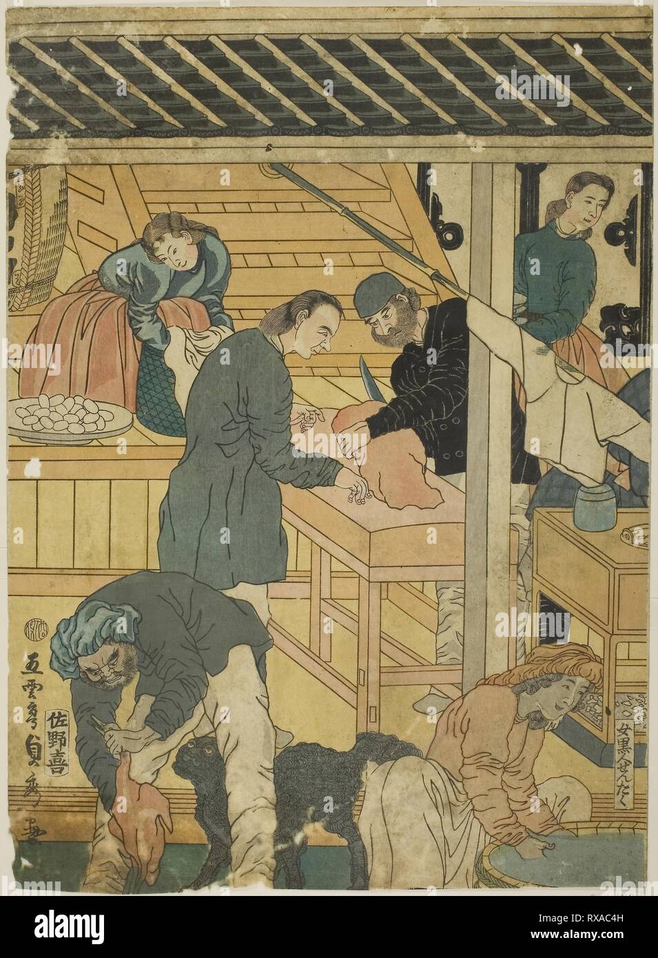Verkaufsraum in einem ausländischen Händler Shop in Yokohama (Yokohama ijin shokan uriba nicht zu). Utagawa Sadahide; Japanisch, 1807-1873. Datum: 1861. Abmessungen: . Farbe holzschnitt; rechts Blatt oban Triptychon. Herkunft: Japan. Museum: Das Chicago Art Institute. Stockfoto