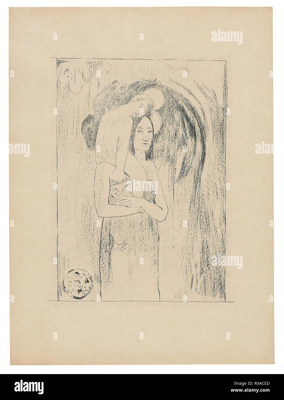 Ia Orana Maria (Gegrüßet seist du, Maria). Paul Gauguin; Französisch, 1848-1903. Datum: 1894-1895. Abmessungen: 380 × 282 mm. Transfer zincograph auf dem grobkörnigen Transfer Papier, in dunkel-blaue Tinte auf dünnen Elfenbein webte Papier (eine Imitation japanischer Pergament). Herkunft: Frankreich. Museum: Das Chicago Art Institute. Stockfoto