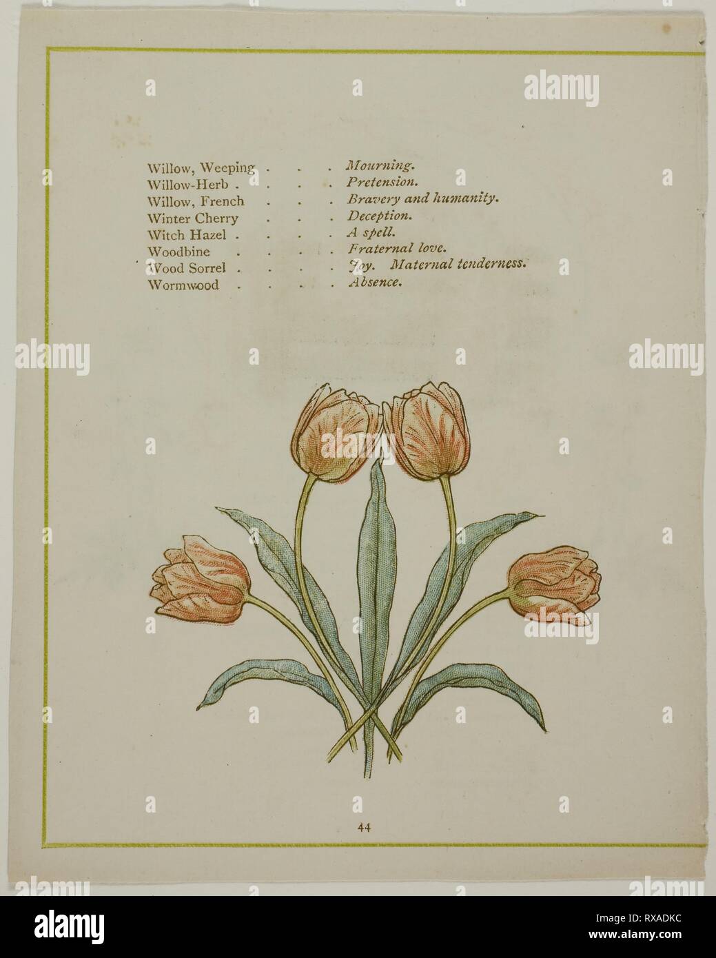 Dekorative Illustration, von der beleuchteten Sprache der Blumen. Wahrscheinlich Edmund Evans (Englisch, 1826-1905); nach Kate Greenaway (Englisch, 1846-1901); von Edmund Evans gedruckt. Datum: 1884. Abmessungen: . Farbe holzstich (chromoxylograph) Reproduktion von einem Aquarell auf Papier. Herkunft: England. Museum: Das Chicago Art Institute. Stockfoto