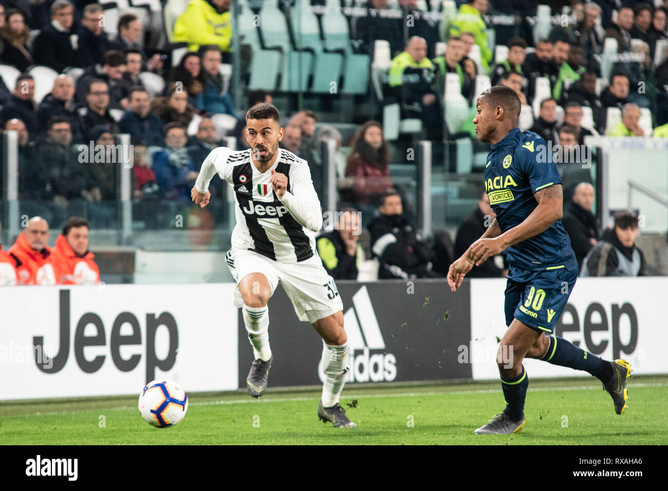 Turin, Italien. 08 Mär, 2019. Spinazzola von Juventus Turin während der Seria ein Fußballspiel: Juventus vs Udinese. Juventus Turin gewann 4-1 bei der Allianz Stadion in Turin, 8. März 2019 Credit: Alberto Gandolfo/Pacific Press/Alamy leben Nachrichten Stockfoto