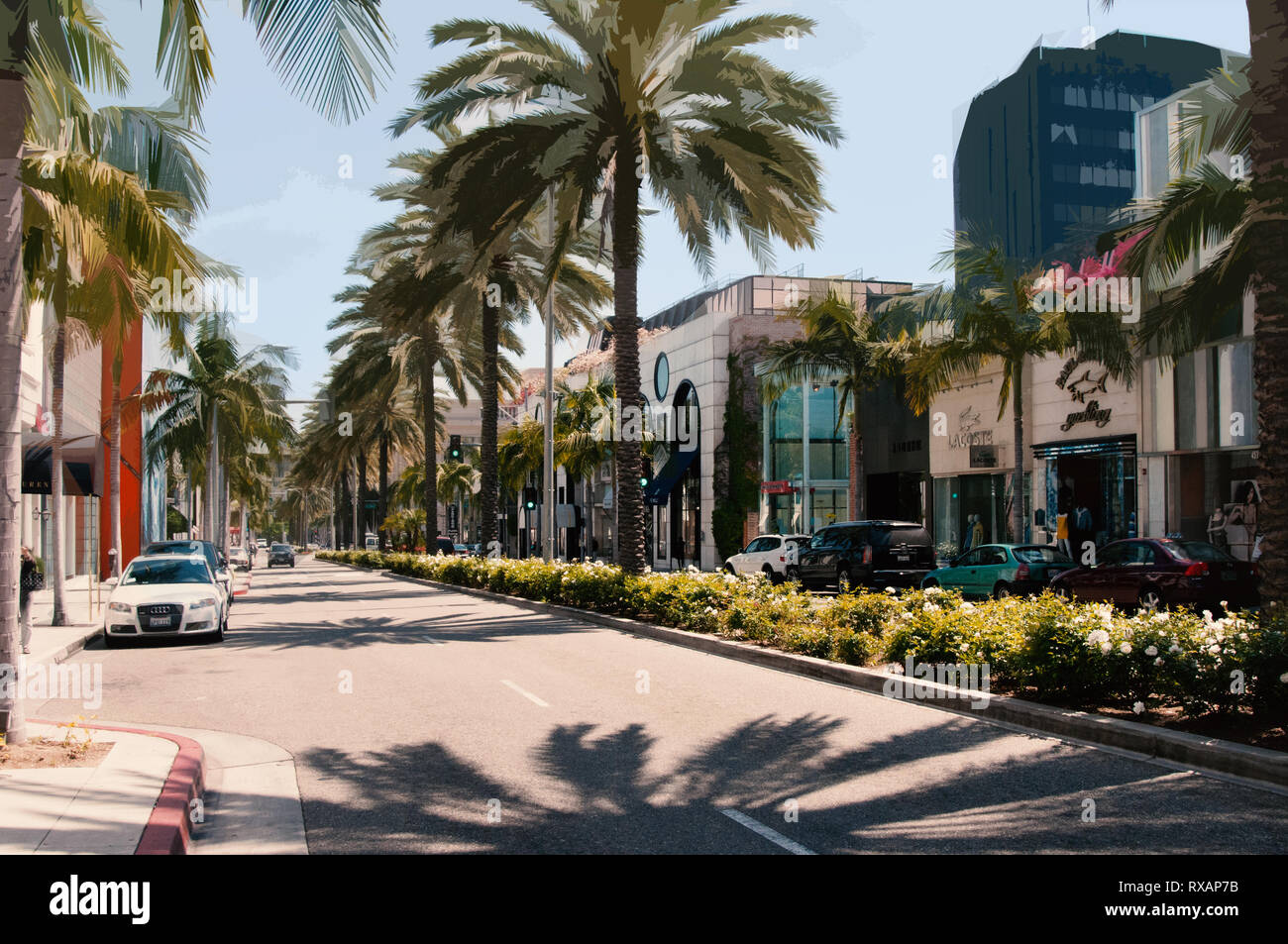 Eine Ansicht des Rodeo Drive in Beverly Hills. Exklusive Stockfoto