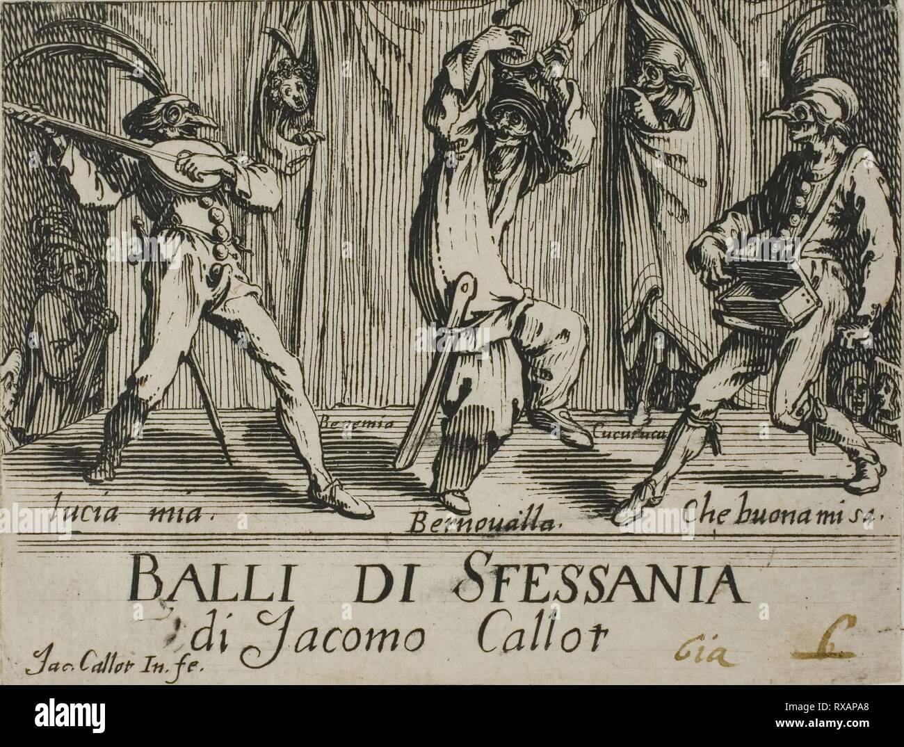 Frontispiz, von Balli di Sfessania. Jacques Callot; Französisch, 1592-1635. Datum: 1617-1627. Abmessungen: 70 × 92 mm. Ätzen und Gravur auf Papier. Herkunft: Frankreich. Museum: Das Chicago Art Institute. Stockfoto