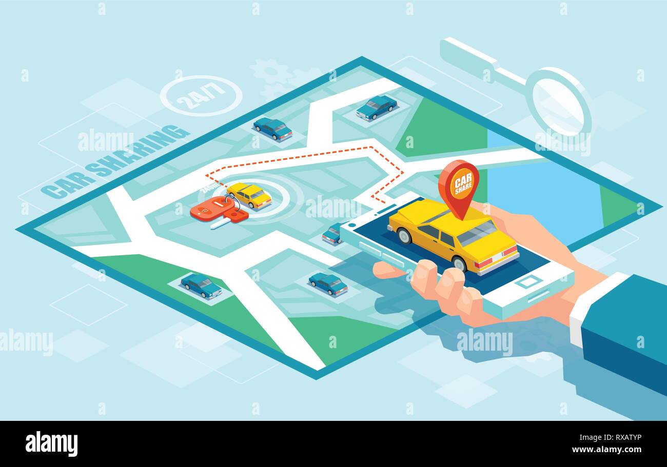 Online Taxi oder fahrgemeinschaft Service app Konzept. Vektor eines Hand Smartphone mit yellow cab und GPS-Route point Pins auf einer Karte Stock Vektor
