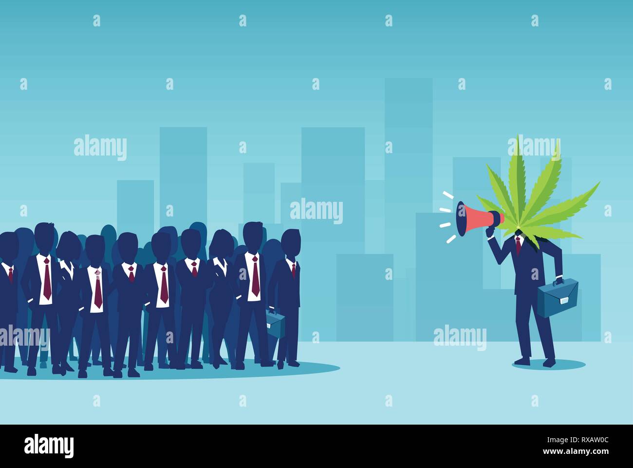 Manifestation für Marihuana Legalisierung. Vektor eines Business Mann mit Cannabis leaf statt Kopf in ein Megaphon schreien zu einer Masse von Menschen Stock Vektor
