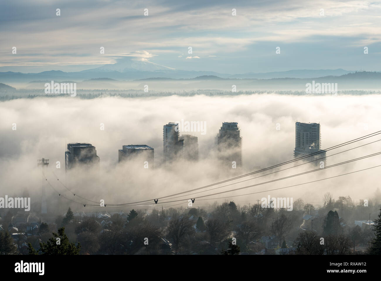 Hochhäuser, Nebel und aerial tram Kabel, Portland, Oregon. Mt. Haube ist im Hintergrund. Stockfoto