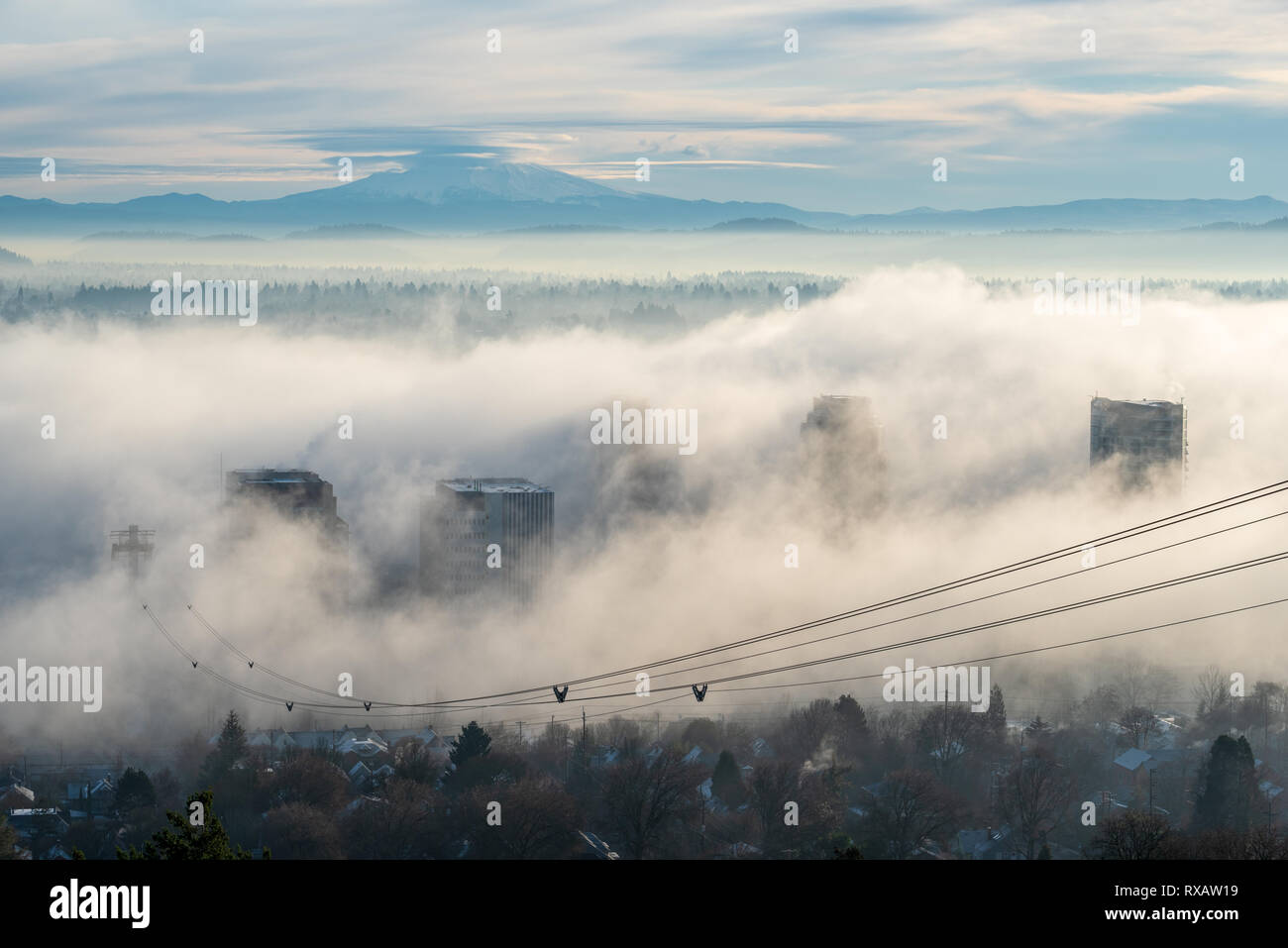 Hochhäuser, Nebel und aerial tram Kabel, Portland, Oregon. Mt. Haube ist im Hintergrund. Stockfoto