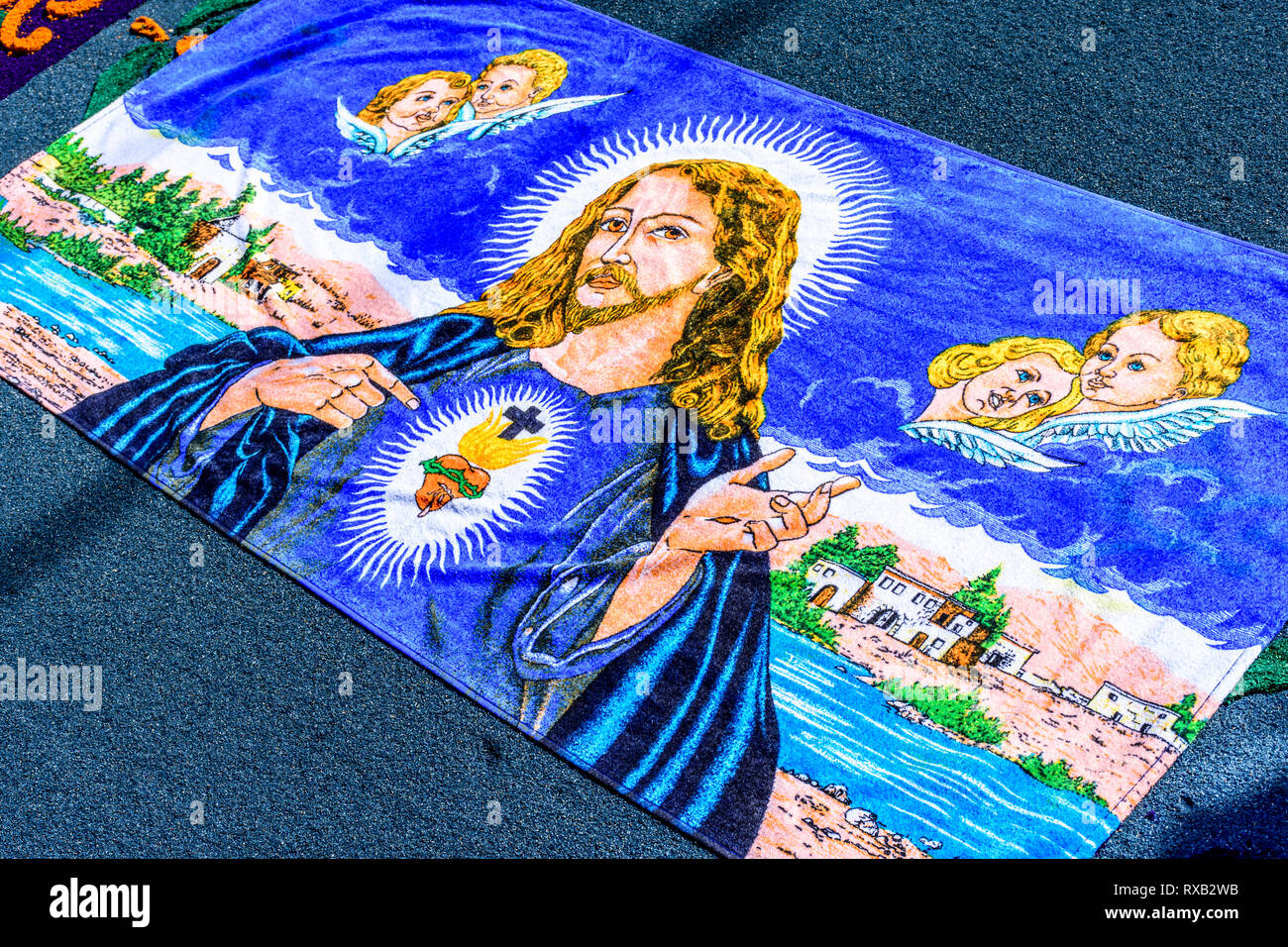 Antigua, Guatemala - 11. März 2018: Die fastenzeit Prozession Teppich detail Christi in der Stadt mit dem berühmtesten Feierlichkeiten zur Karwoche in Lateinamerika Stockfoto