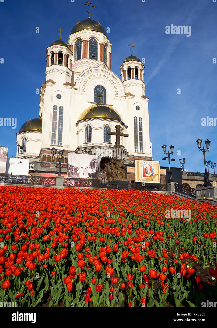 Jekaterinburg, Russland - 26. MAI 2015: Blick auf die Kirche auf Blut zu Ehren aller Heiligen erstrahlt in der Russischen Land im Frühling mit blühenden Tul Stockfoto