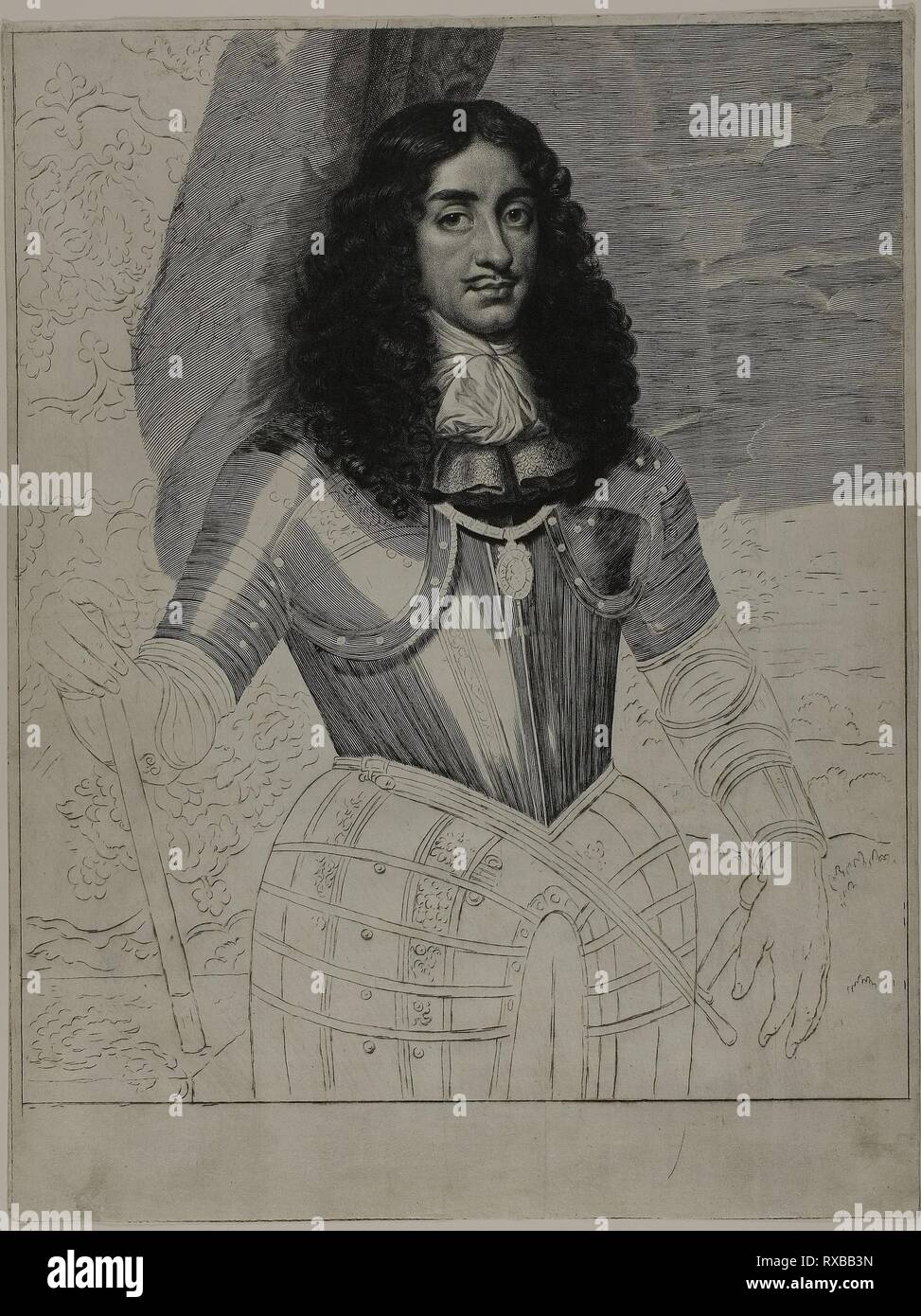 Charles II., König von England. Cornelis Van Dalen (Niederländisch, 1602-1665); nach Pieter Nason (Niederländisch, C. 1612-1690). Datum: 1658-1663. Abmessungen: 337 x 278 mm (Bild/Platte); 377 x 281 mm (Blatt). Gravur und Kaltnadelradierung auf Elfenbein Bütten. Herkunft: Holland. Museum: Das Chicago Art Institute. Stockfoto