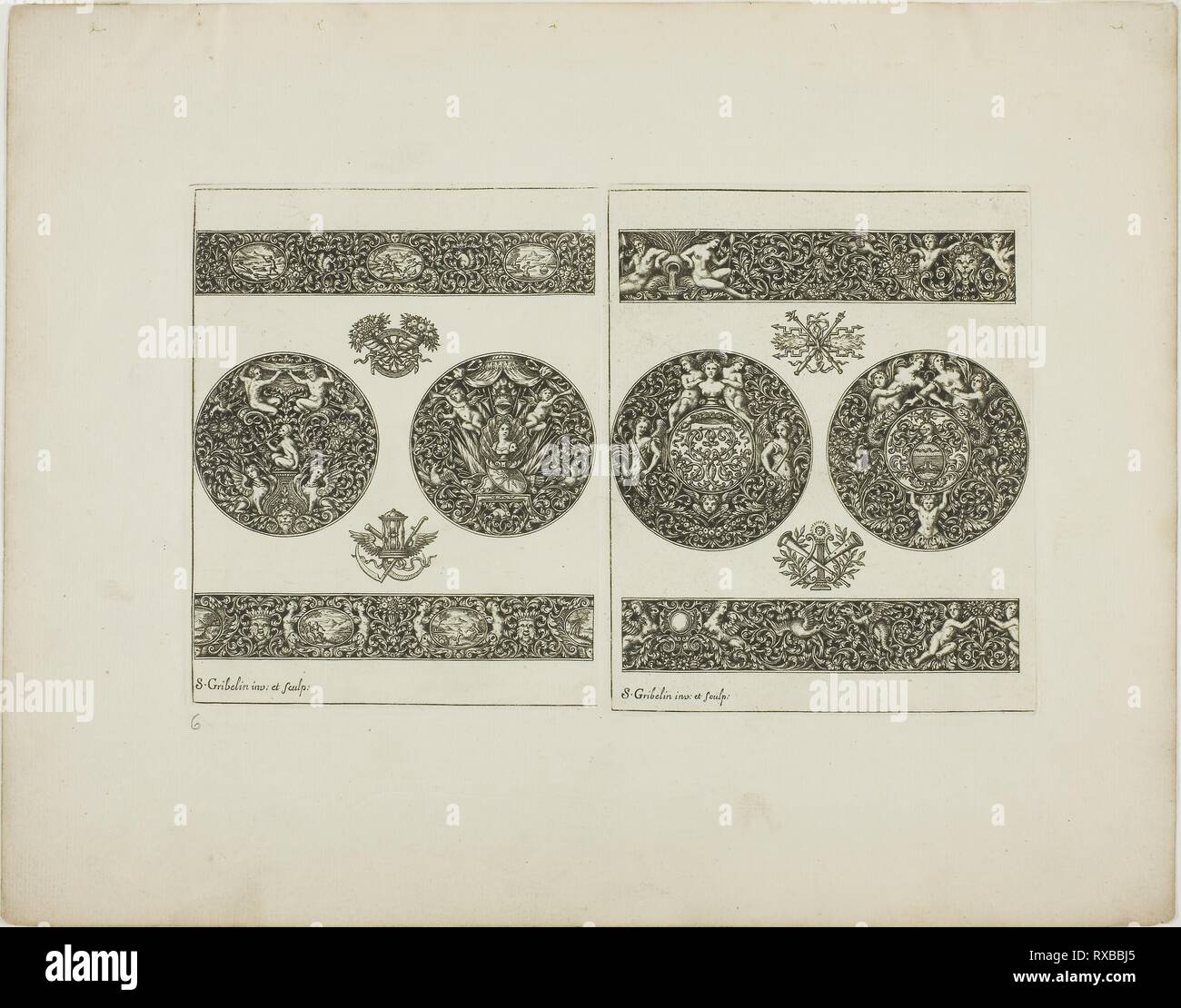 Platte, die Sechs, von Buch des Ornaments. Simon Gribelin II; Französisch, 1661-1733. Datum: 1704. Abmessungen: 132 × 213 mm (Bild/Platte); 233 × 296 mm (Blatt). Gravur auf Papier. Herkunft: Frankreich. Museum: Das Chicago Art Institute. Stockfoto