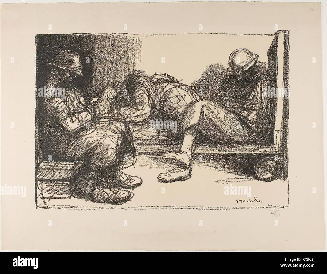 Im Dugout. Théophile-Alexandre Steinlen; Französisch, geboren in der Schweiz, 1859-1923. Datum: 1915-1917. Abmessungen: 309 × 433 mm (Bild); 423 × 555 mm (Blatt). Lithographie in Schwarz über einen hellen cremefarbenen Tönung auf Dick off-white webte Papier. Herkunft: Frankreich. Museum: Das Chicago Art Institute. Stockfoto
