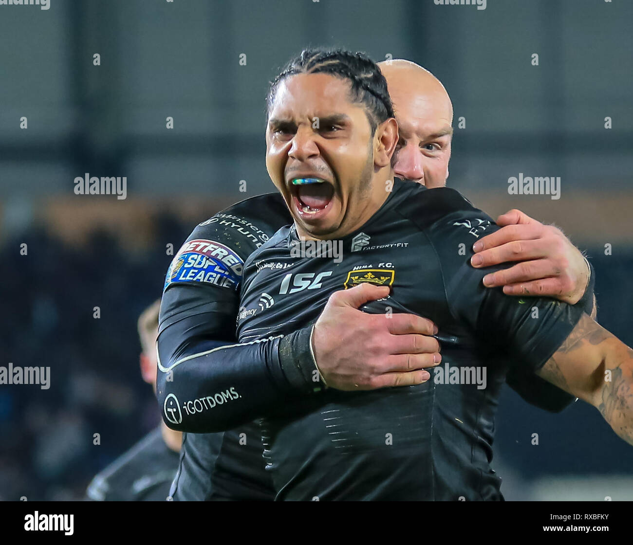 8. März 2019, kcom Stadion, Hull, England; Betfred Super League, Runde 5, Rumpf FC vs Leeds Rhinos; Albert Kelly von Hull FC feiert seinen Versuchen Credit: Craig Milner/News Bilder Stockfoto