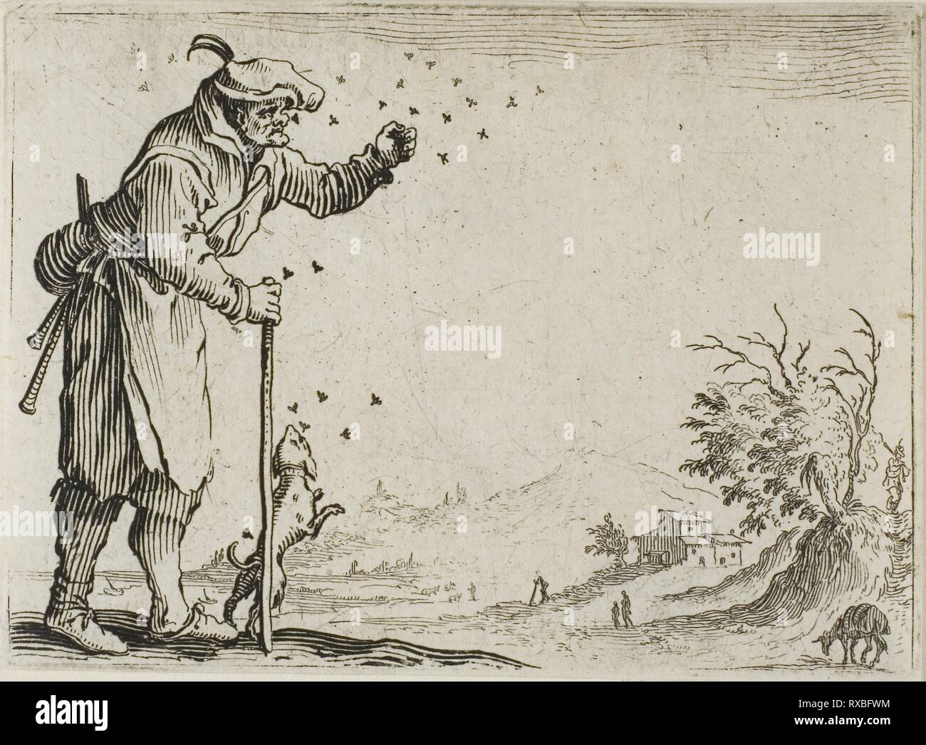 Der Bauer, der von Bienen angegriffen, von den Launen. Jacques Callot; Französisch, 1592-1635. Datum: 1617-1627. Abmessungen: 59 × 80 mm (Bild/Seite, innerhalb der Platte Mark). Radierung auf Elfenbein Bütten. Herkunft: Frankreich. Museum: Das Chicago Art Institute. Stockfoto