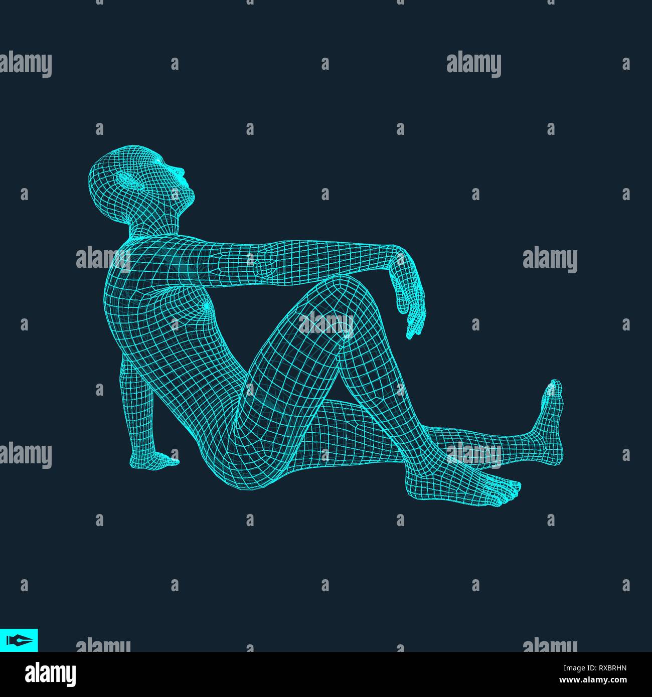 Mann in einem Denker darstellen. 3D-Modell des Menschen. Geometrischen Design. Menschliche Körper Kabel Modell. Wirtschaft, Wissenschaft, Psychologie oder Philosophie Vektor Illustration. Stock Vektor