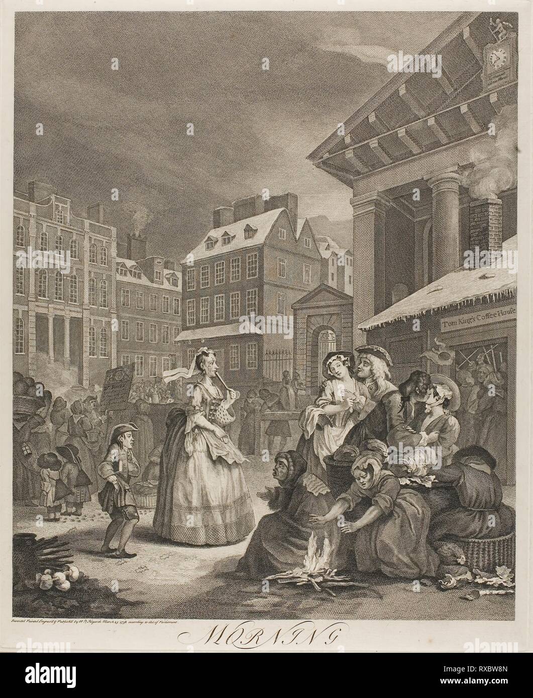 Morgen, Platte aus der vier Mal am Tag. William Hogarth; Englisch, 1697-1764. Datum: 1738. Abmessungen: 455 × 376 mm (Bild); 488 × 395 mm (Platte); 660 × 495 mm (Blatt). Ätzen und Gravieren in Schwarz auf Elfenbein Bütten. Herkunft: England. Museum: Das Chicago Art Institute. Stockfoto