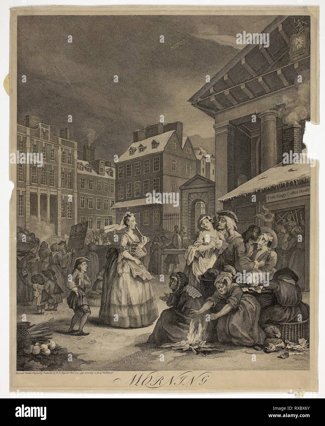 Morgen, Platte aus der vier Mal am Tag. William Hogarth; Englisch, 1697-1764. Datum: 1738. Abmessungen: 455 × 375 mm (Bild); 480 x 390 mm (Platte); 492 × 395 mm (Blatt). Ätzen und Gravieren in Schwarz auf Creme Bütten. Herkunft: England. Museum: Das Chicago Art Institute. Stockfoto