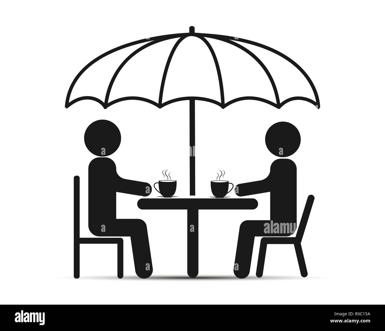 Zwei Leute sitzen an einem Tisch unter einem Regenschirm, trinken Tee oder Kaffee und Gespräch Stock Vektor