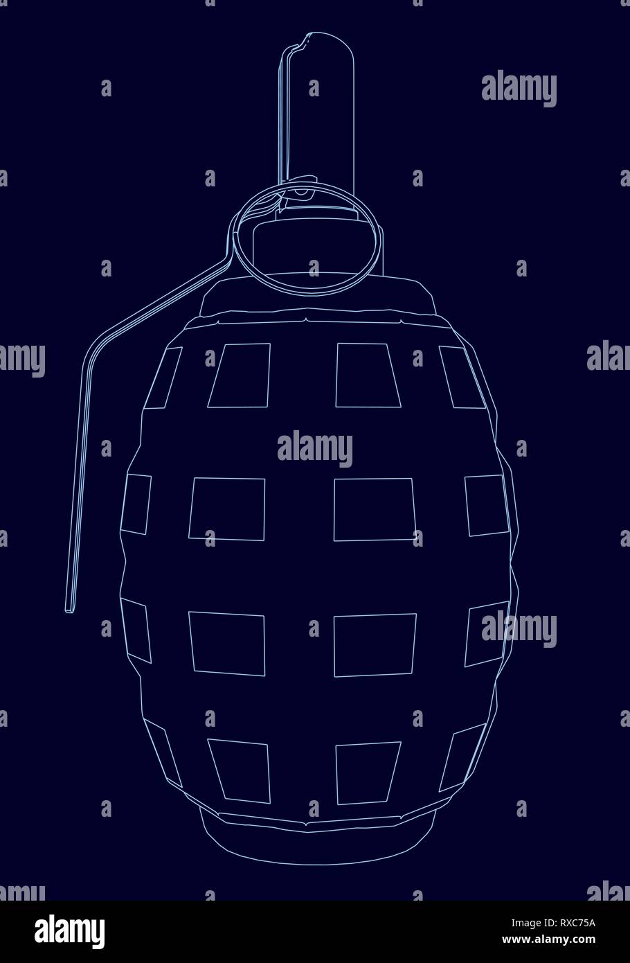 Drahtmodell Handgranaten aus der blauen Linien auf einem dunklen Hintergrund. Vector Illustration Stock Vektor