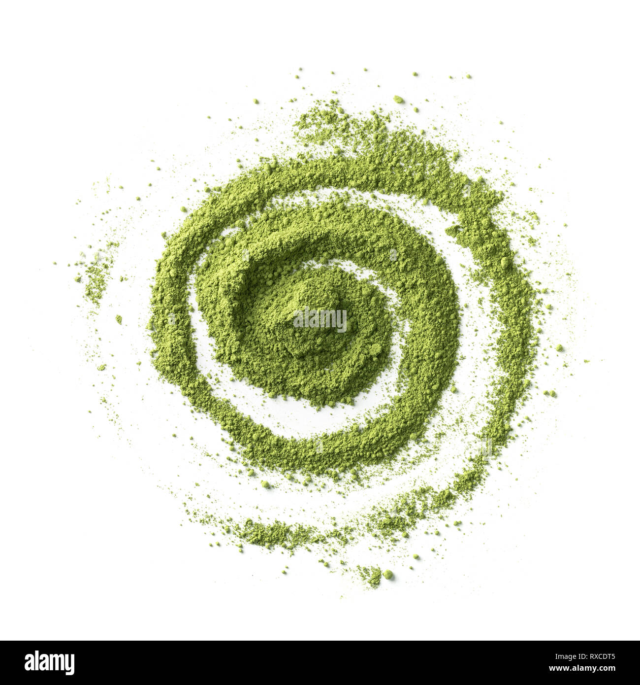 Abstrakte Zeichnung mit grünem japanischen Matcha Tee Pulver auf weißem Hintergrund Stockfoto Abstrakte Zeichnung mit grünem japanischen Matcha Tee Pulver auf weißem Hintergrund Stockfoto