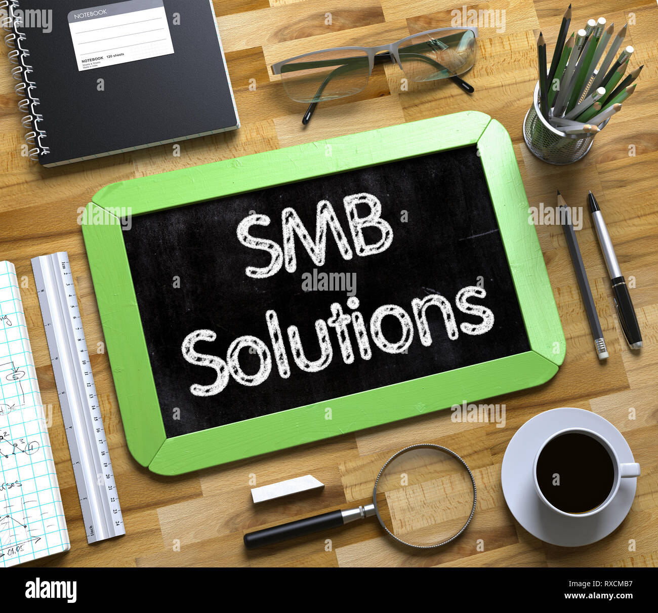 SMB-Lösungen auf der Kleinen Schiefertafel. 3D-Render. Stockfoto