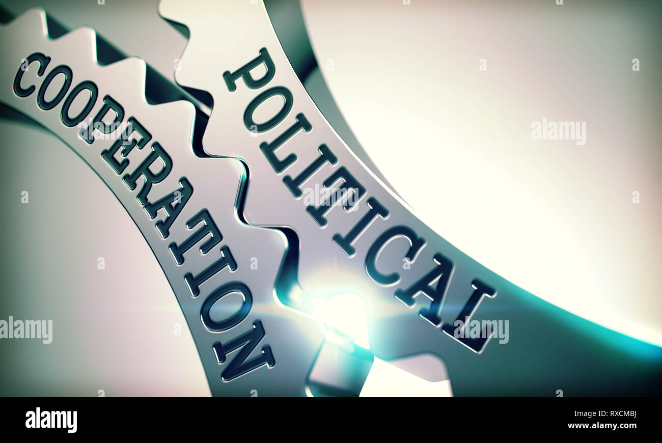 Politische Zusammenarbeit - Mechanismus der glänzenden Metall Cog Gears. 3D. Stockfoto