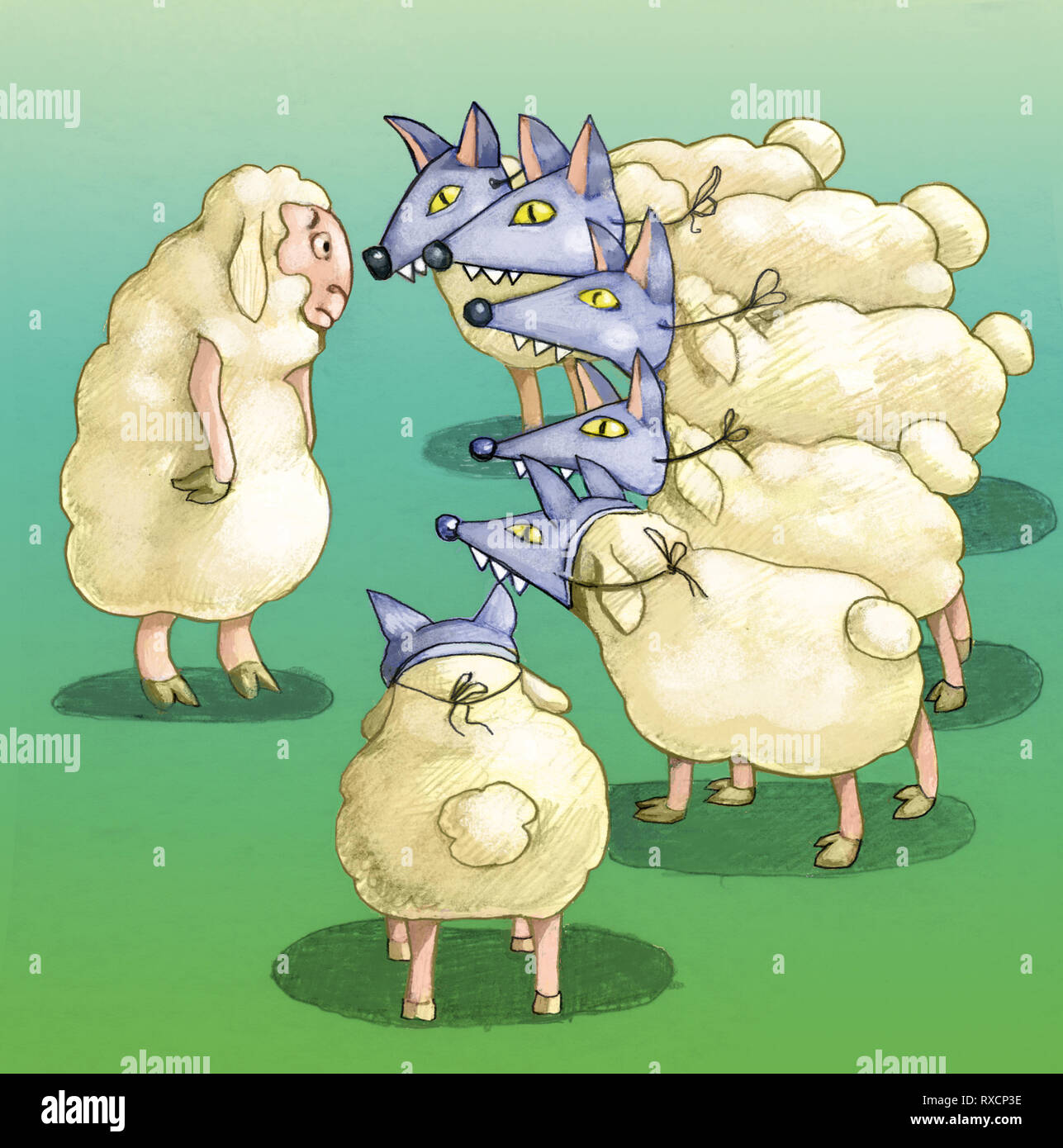 Schafe von Wölfen tarnen und sie umgibt ein Schaf allein Prinzipdarstellung Stockfoto