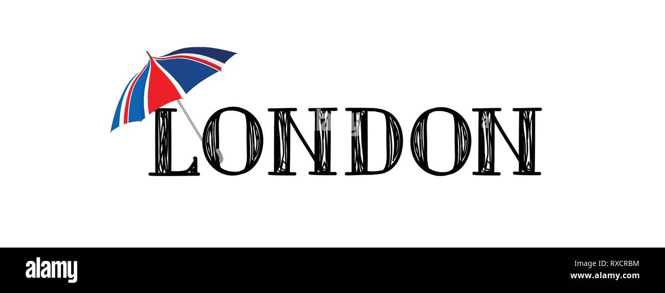 London Pinselstil handgezeichneten Schriftzug. Der Text, den die britische Flagge Regenschirm. Stock Vektor