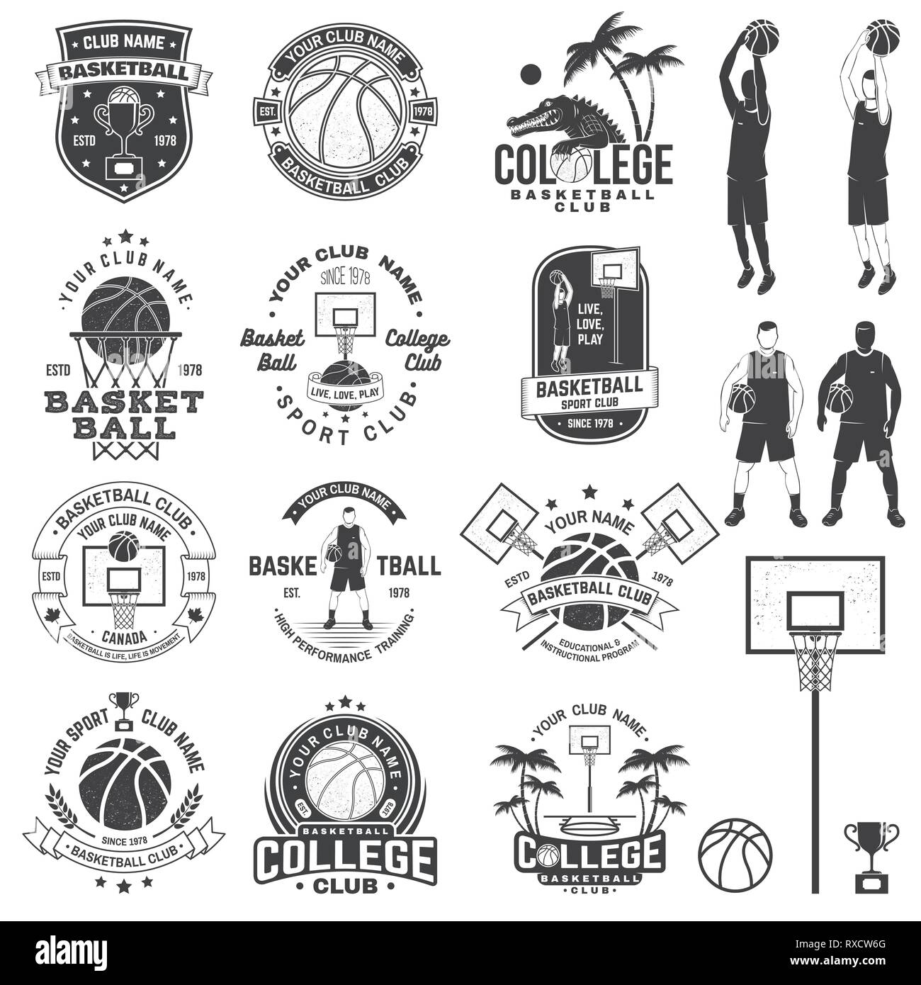 Satz von Basketball College Club Badge mit Design Element. Vektor. Konzept für T-Shirt, Druck, Stempel oder T-Stück. Vintage Typografie Design mit Krokodil, Basketballkorb und Basketball Ball Silhouette. Stock Vektor